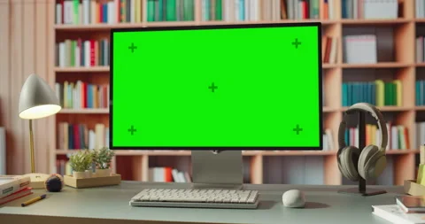 Office With Book Shelf Green Screen Chroma Key Desktop Computer Stock Footage 295941507