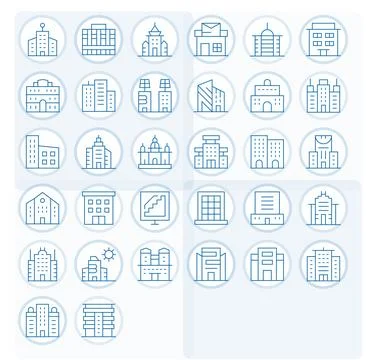 Office Building 128x128 Vector Icon Pack with 32 Thin Line Grid Fitted Elemen Ilustración de archivo