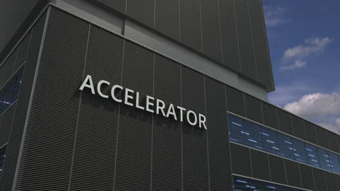 Office building with ACCELERATOR sign. 3d animation Stock Footage 211499177