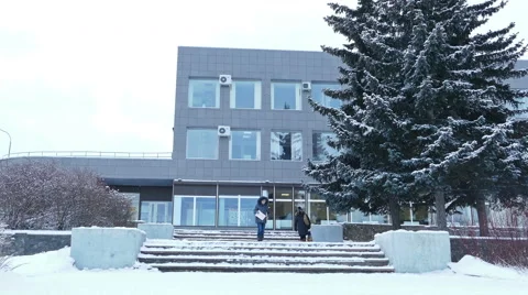 Office Building and Trees in Snowy Winter Day Stock Footage 55449853