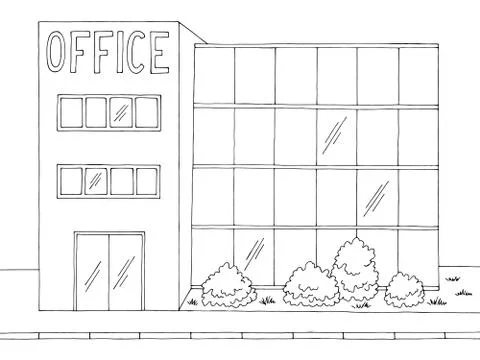 Office building exterior front view graphic black white sketch illustration vect Stock Illustration