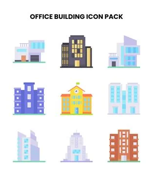 Office Building Flat Set Icons Pack Stock Illustration