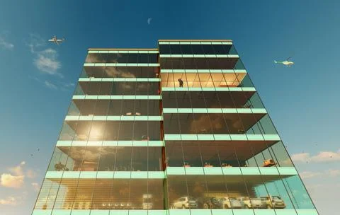 Office building illuminated by the rays of the evening sun Ilustración de archivo