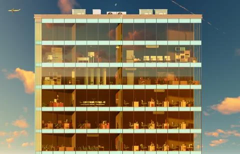 Office building illuminated by the rays of the evening sun Ilustración de archivo
