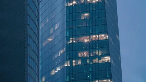 Office Building Windows Lights Timelapse Downtown Business Activity Stockbeeldmateriaal 335188595