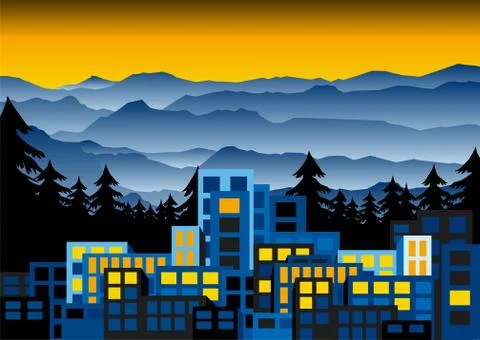 Office buildings at sunset on pine forest, scalable Stock Illustration