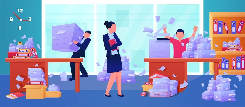 Office bureaucracy. Document pile. Problems in company. Busy or late. Worka.. Stock Illustration