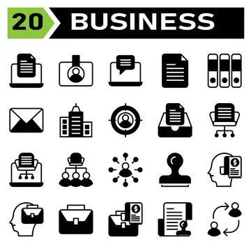 Office business icon set include laptop, document, office, work, device, file Illustrazione stock
