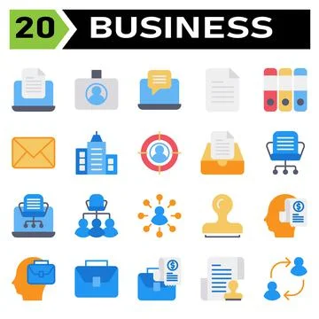 Office business icon set include laptop, document, office, work, device, file Illustrazione stock