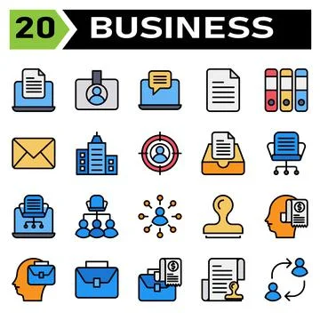 Office business icon set include laptop, document, office, work, device, file Illustrazione stock