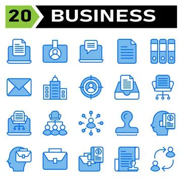 Office business icon set include laptop, document, office, work, device, file Illustrazione stock