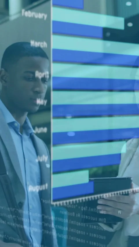 In office, business professionals analyzing data with bar graph animation on Stock Footage 319727116
