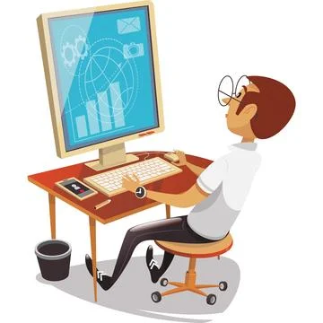 Office business worker at computer vector icon Stock Illustration