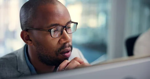Office, businessman and thinking with computer for reading, software glitch or Stock Footage 303465155