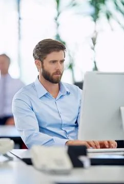 Office, businessman and thinking with computer for typing, page update and Stock Photos