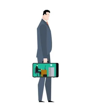 Office in case. mobile Workplace in suitcase. Manager at work. Businessman .. Illustrazione stock