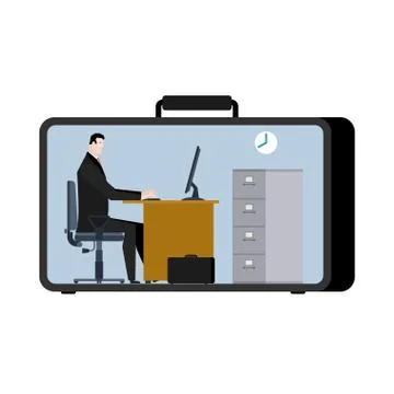 Office in case. mobile Workplace in suitcase. Manager at work. Businessman .. Illustrazione stock
