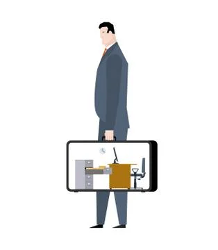 Office in case. mobile Workplace in suitcase. Manager at work. Businessman .. Illustrazione stock
