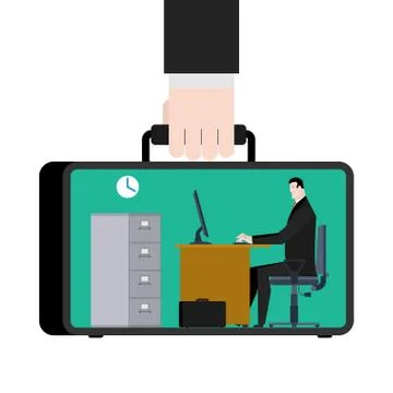 Office in case. mobile Workplace in suitcase. Manager at work. Businessman .. Illustrazione stock