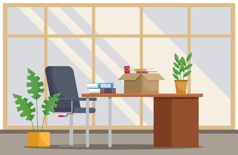 Office chair and desk with stack of books and cardboard box with things in room Stockillustratie