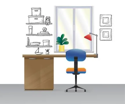 Office chair, desk, various objects on the table. Workspace in flat style. Stock Illustration
