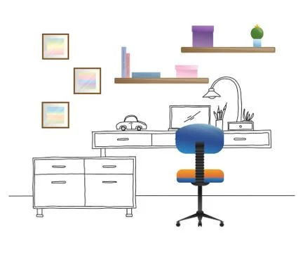 Office chair, desk, various objects on the table. Workspace in flat style. Stock Illustration