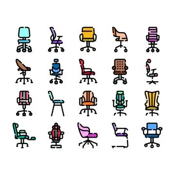 Office chairs collection presenting various workplace furniture designs Ilustração Stock