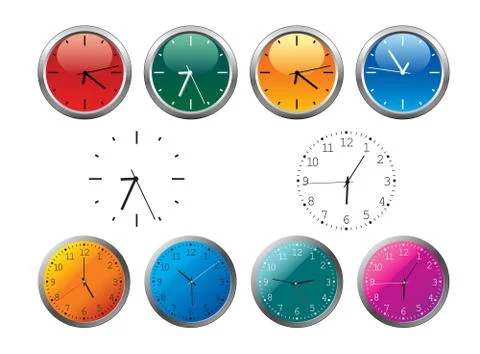 Office clocks in different colors Illustrazione stock