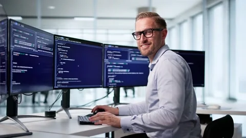 Office Coder: Happy Web Developer In Software Development Stock Footage 314925197