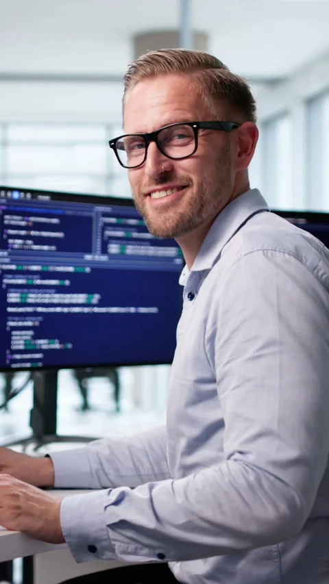 Office Coder: Happy Web Developer In Software Development Stock Footage 314925911