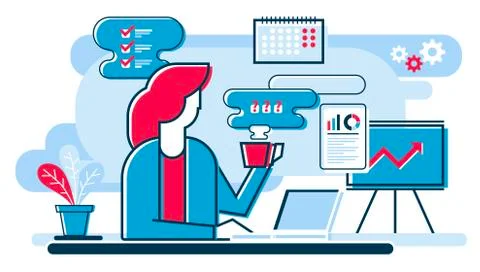 Office coffee break time concept vector illustration, cartoon flat businesswoman Illustrazione stock