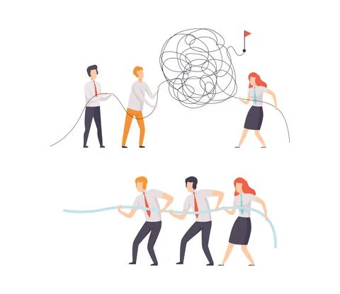 Office Colleague Working Together Solving Tangle and Pulling Rope Vector Set 스톡 일러스트