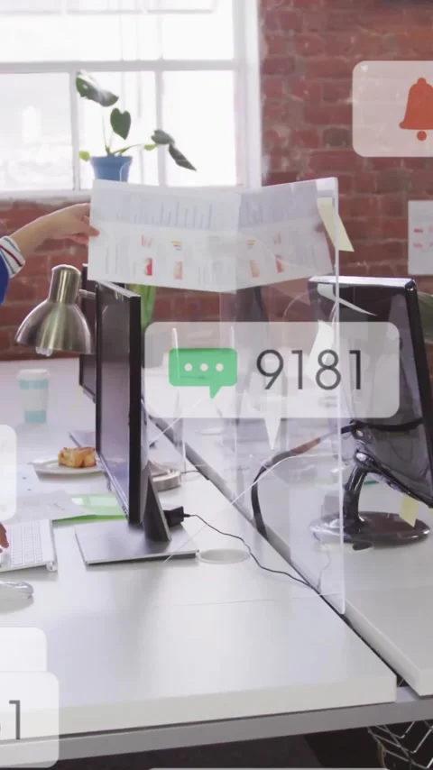 In office, colleagues exchanging documents with animation of social media Stock Footage 344403717