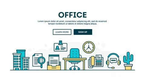 Office, colorful concept header, flat design thin line style Stock Illustration
