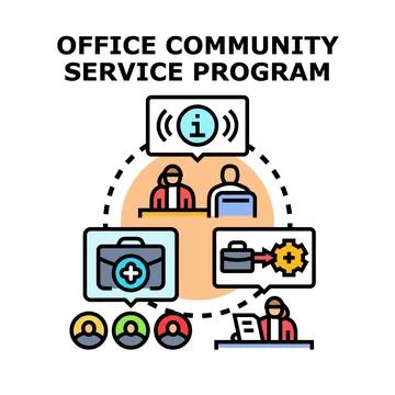 Office community service program organizing volunteering and support Stock Illustration