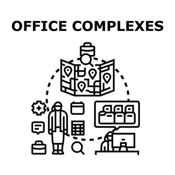 Office complexes searching choosing locations and business services Stock Illustration