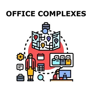 Office complexes searching choosing locations and business services Stock Illustration