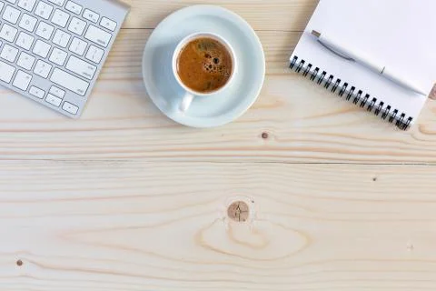 Office Composition with Electronics Stationery and Coffee on Wood Stock Photos