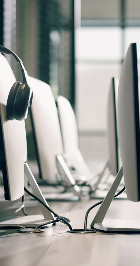 Office, computer and call center with headphones for customer service, help or Stock Footage 340632437