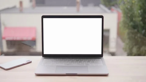 Office Computer Desk Laptop and Mobile Phone, Table Window View Background Stock Footage 98963318