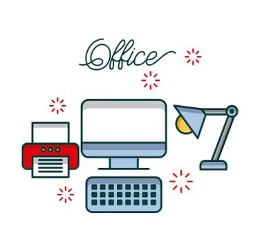 Office computer device printer and desk lamp light work image Stock Illustration