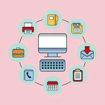 Office computer device technology with application icons Stock Illustration