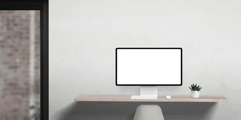 Office computer display mockup in clean and flat workspace Stock Photos