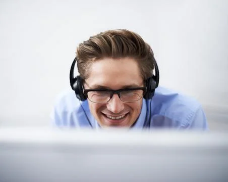 Office computer, face and happy man reading, smile and happiness for script 스톡 사진