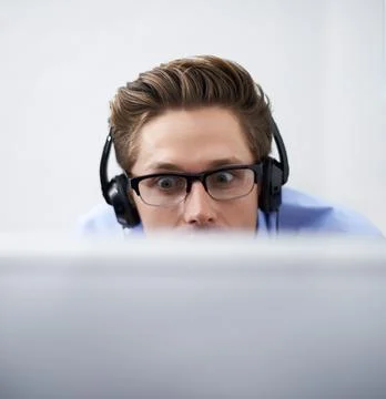 Office computer, face and man reading script, software code or problem solving Stock Photos