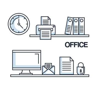 Office computer mail paper security clock printer folder supplies Stock Illustration