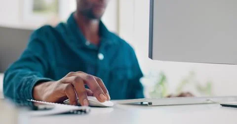 Office computer mouse, hands and black man working feedback review of social Stock Photos