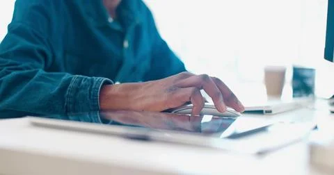 Office computer mouse, hands and black man working feedback review of social Stock Photos