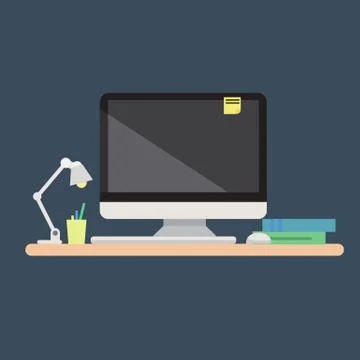 Office computer with mouse, keyboard, note paper, lamp, books on table. Stock Illustration