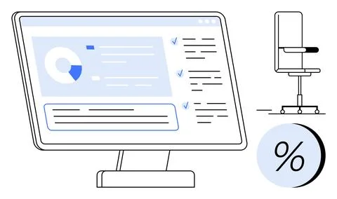 Office Computer Screen Showing Analytical Data with Percentage Sign and Off.. Illustrazione stock